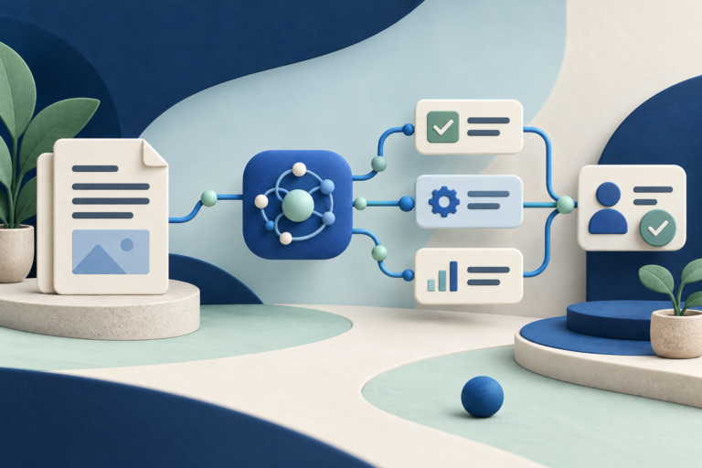 Conceptual illustration of documents moving through an AI workflow to a human review step