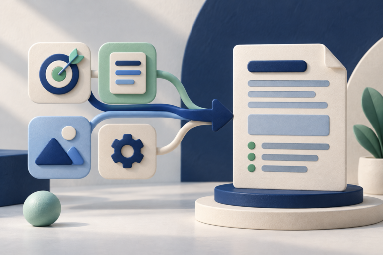 Conceptual illustration of a structured prompt brief turning into an organized document